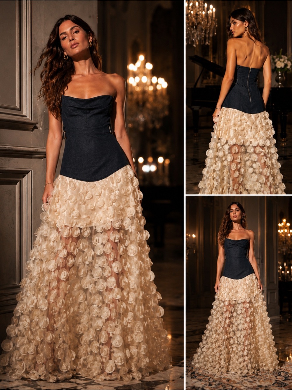NWT Mulla Denim 3D Rosette Strapless Maxi Dress L